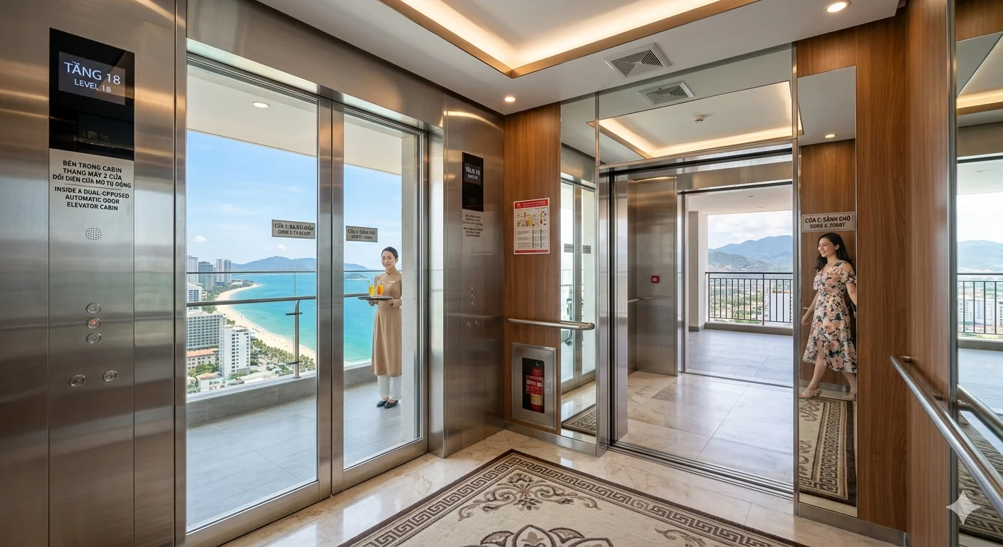 bên trong cabin thang máy 2 cửa đối diện cửa mở tự động