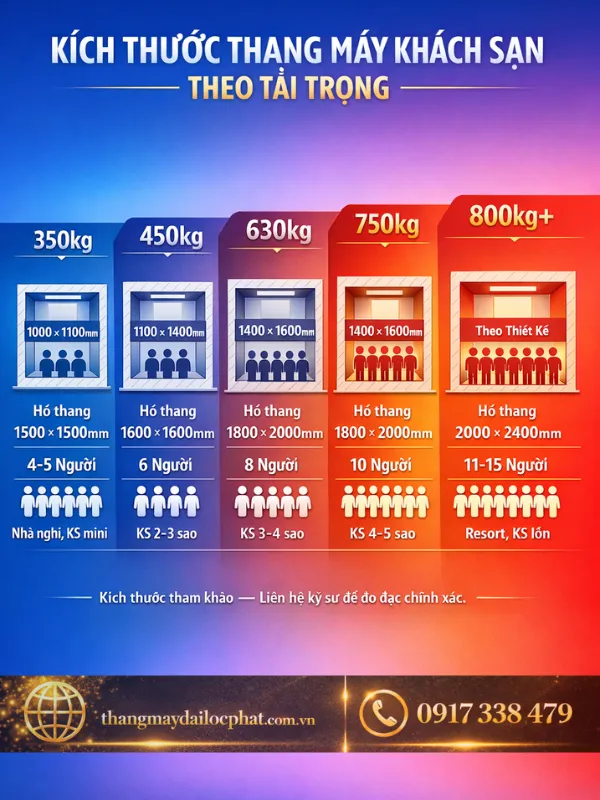 bản vẽ kích thước hố thang máy khách sạn theo từng tải trọng