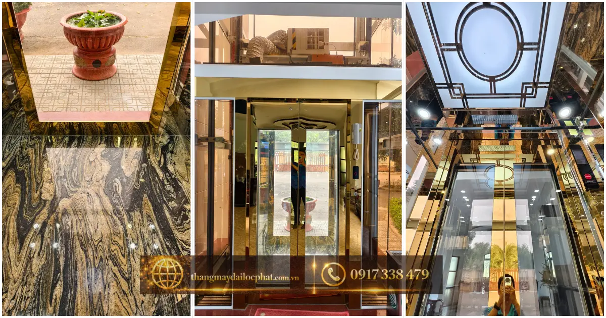 nội thất cabin thang máy khách sạn inox gương vàng lắp đặt bởi Đại Lộc Phát