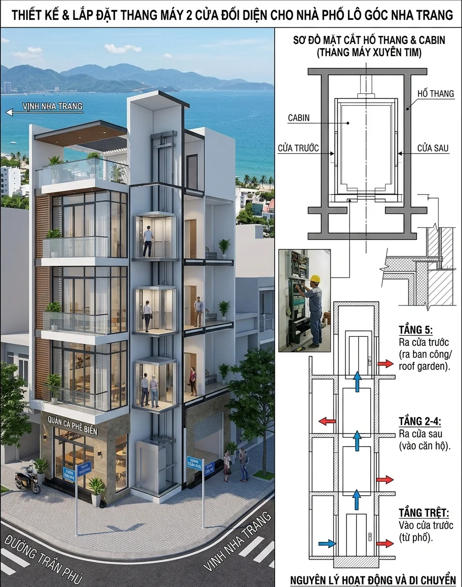 thang máy 2 cửa đối diện lắp đặt công trình thực tế Đại Lộc Phát