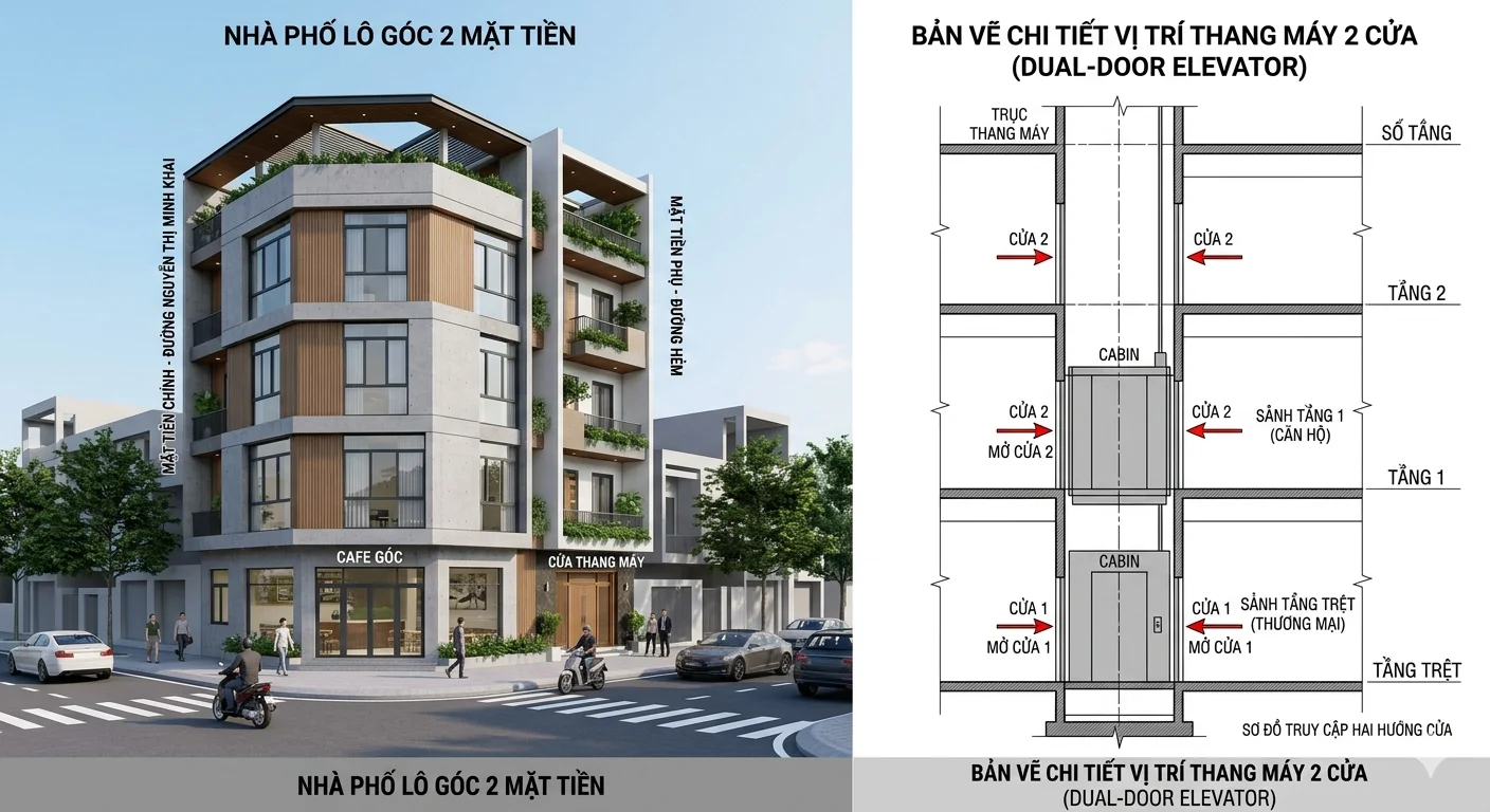 thang máy 2 cửa lồng kính lắp đặt trong nhà phố gia đình