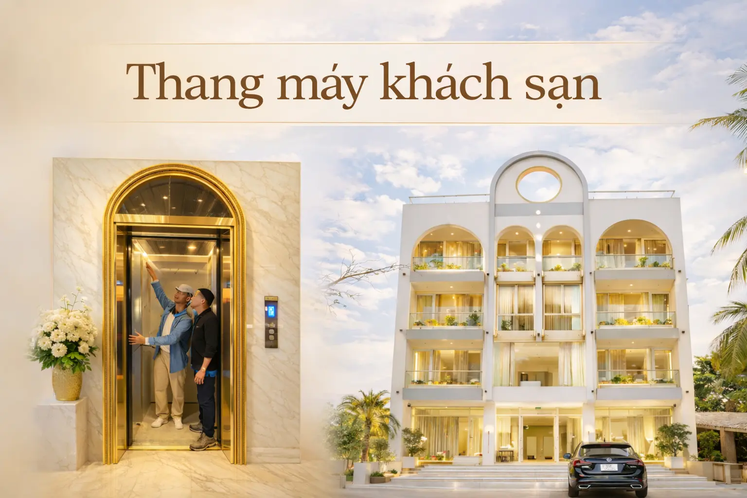 thang máy khách sạn cabin inox vàng lắp đặt bởi Đại Lộc Phát