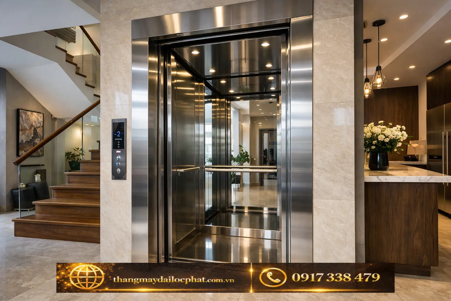thang máy Mitsubishi gia đình cabin inox lắp nhà phố