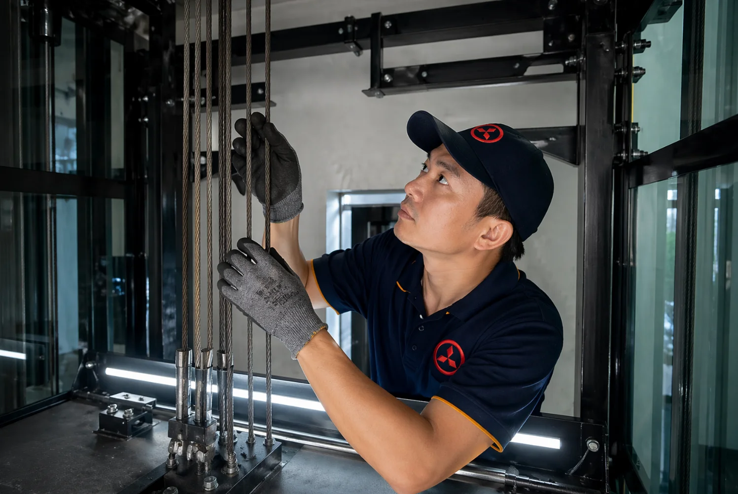 Kỹ thuật viên Đại Lộc Phát kiểm tra cáp tải thang máy gia đình trong lần bảo trì định kỳ 3 tháng