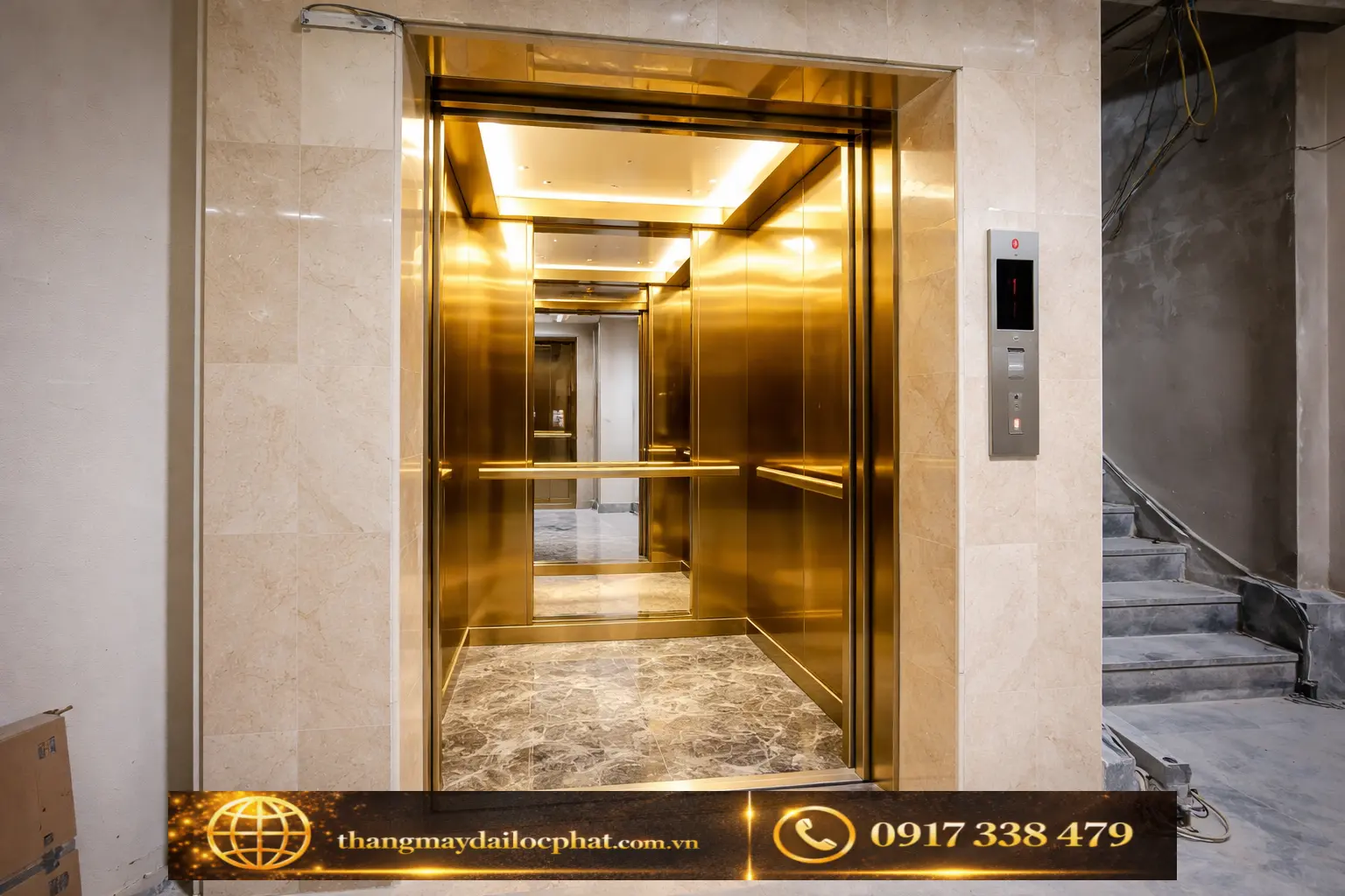 Cabin thang máy Mitsubishi — công trình thực tế Đại Lộc Phát thi công cabin thang máy Mitsubishi inox gương vàng thi công khách sạn Đại Lộc Phát