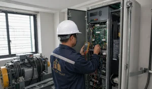 Kỹ sư bảo trì thang máy gia đình Đại Lộc Phát kiểm tra tủ điều khiển Mitsubishi