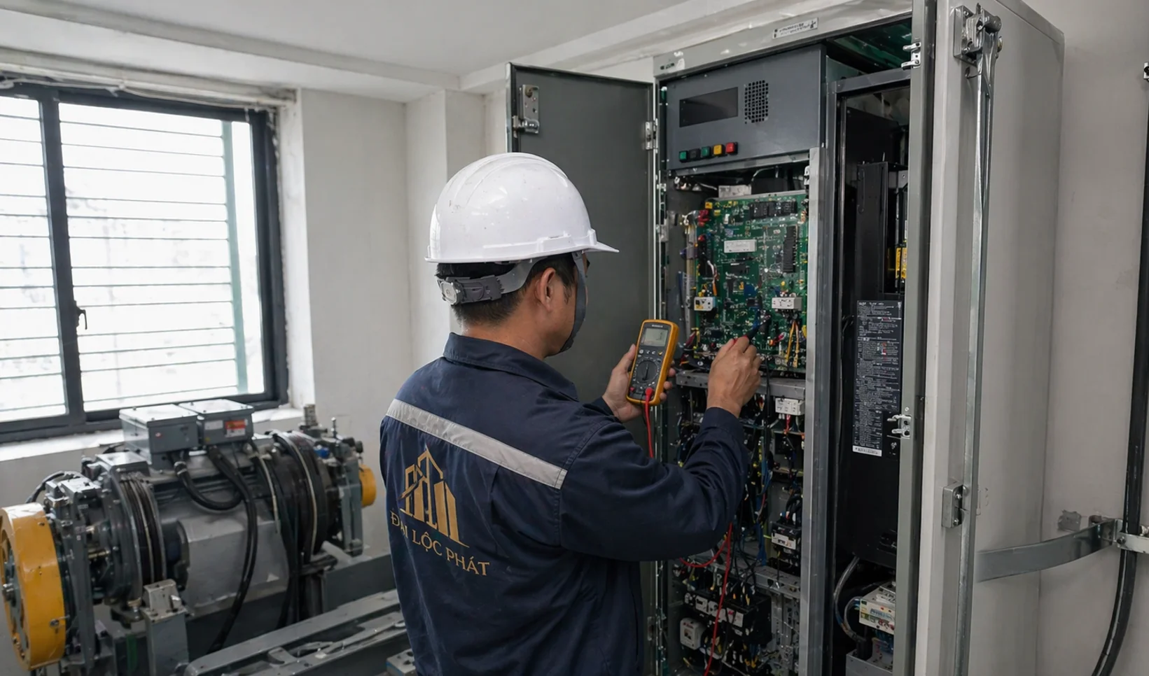 Kỹ sư bảo trì thang máy gia đình Đại Lộc Phát kiểm tra tủ điều khiển Mitsubishi