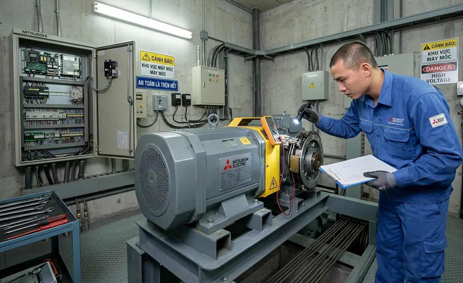 quy trình bảo dưỡng thang máy Mitsubishi kiểm tra phòng máy