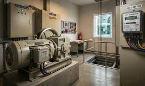 Thang máy Mitsubishi có tốn điện không – máy kéo Mitsubishi và công tơ điện 3 pha trong phòng máy