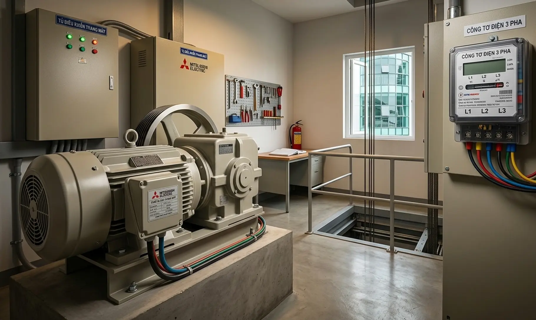 Thang máy Mitsubishi có tốn điện không – máy kéo Mitsubishi và công tơ điện 3 pha trong phòng máy