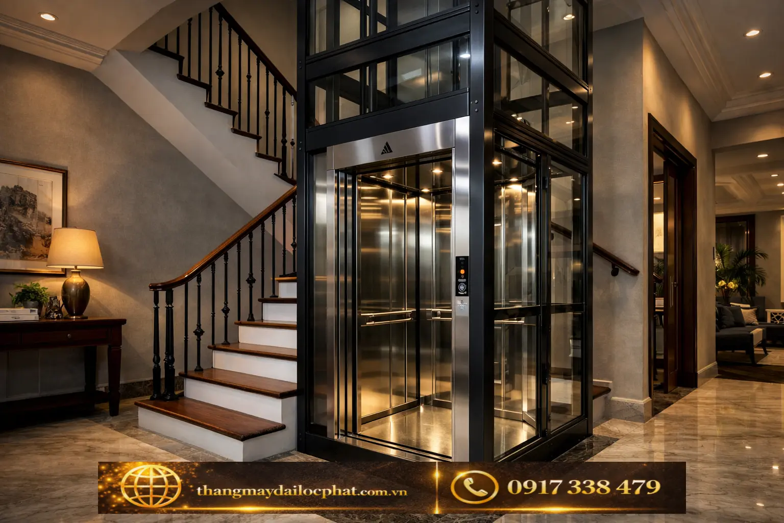 Thang máy Mitsubishi liên doanh lồng kính cho nhà phố thang may mitsubishi lien doan long kinh nha pho