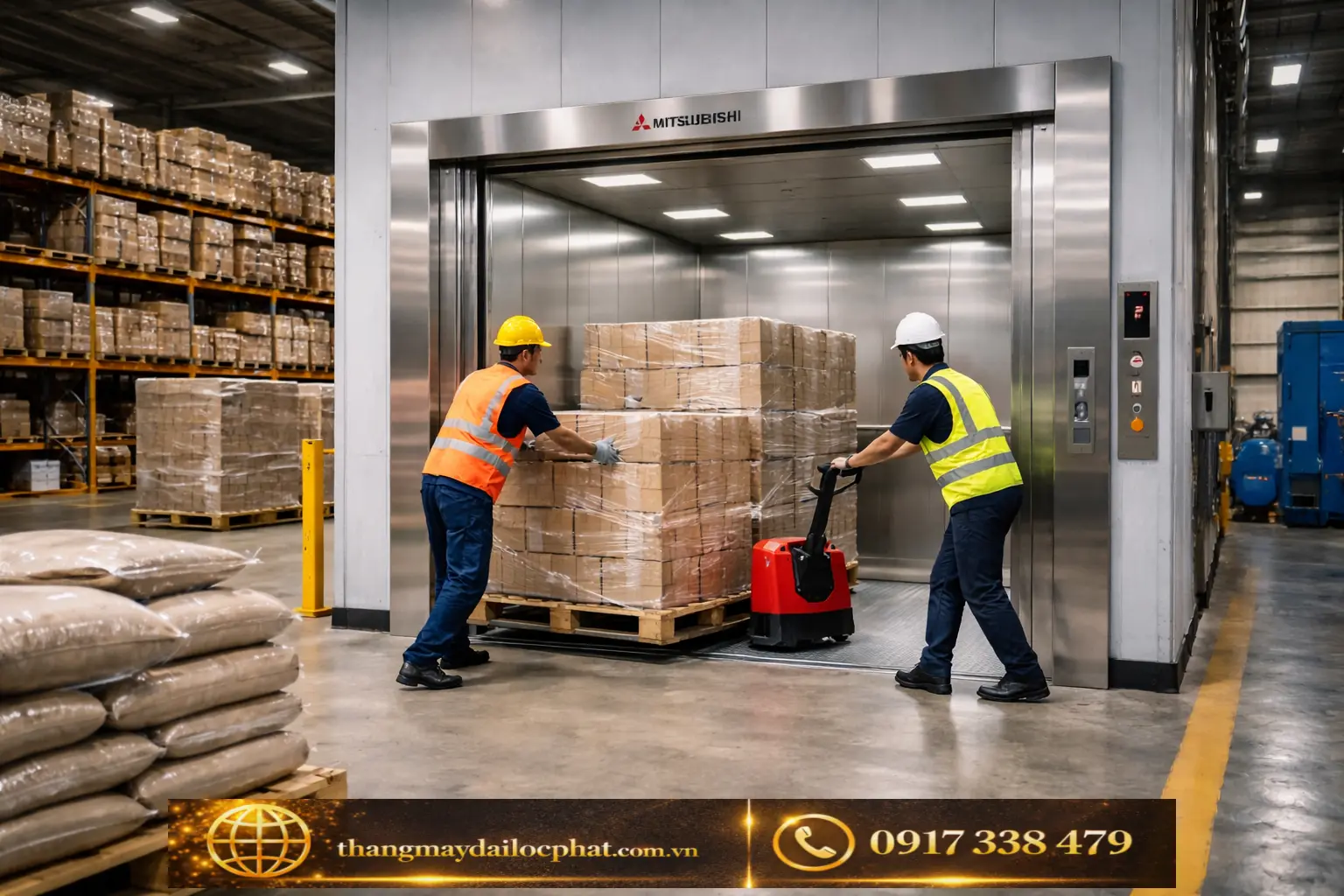 thang máy tải hàng Mitsubishi vận hành tại kho hàng Bình Dương