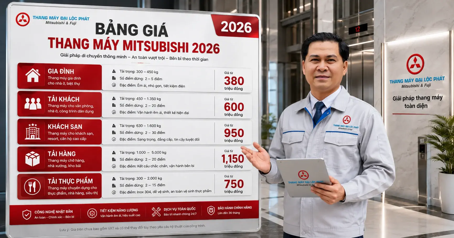 báo giá thang máy Mitsubishi 2026 theo công trình